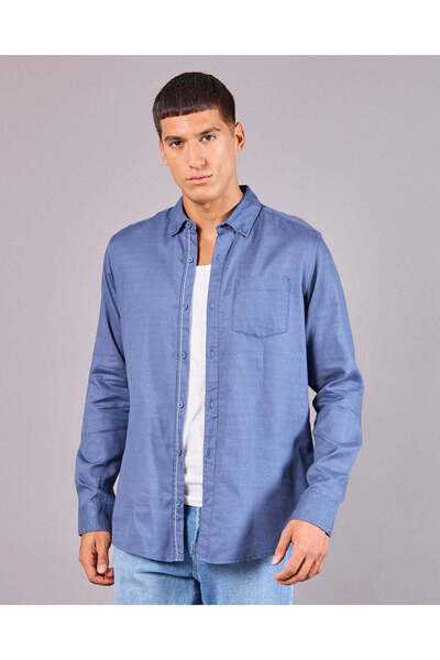 REDTAG Men Blue Button Down Shirt With Chest Emb Logo