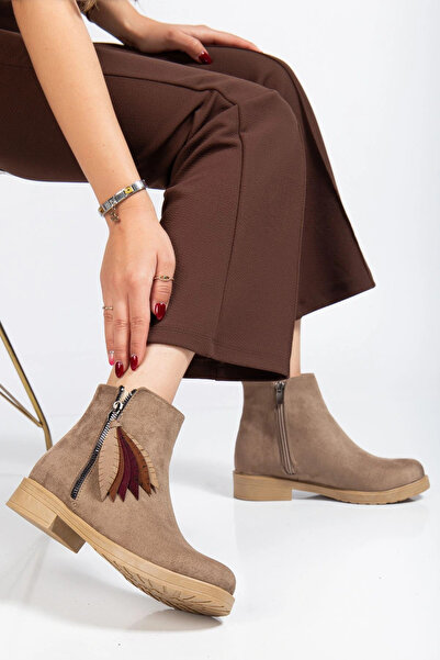 ÇELİK TİCARET 165-205 Mink Suede Leaf Patterned Zippered Daily Women's Boots