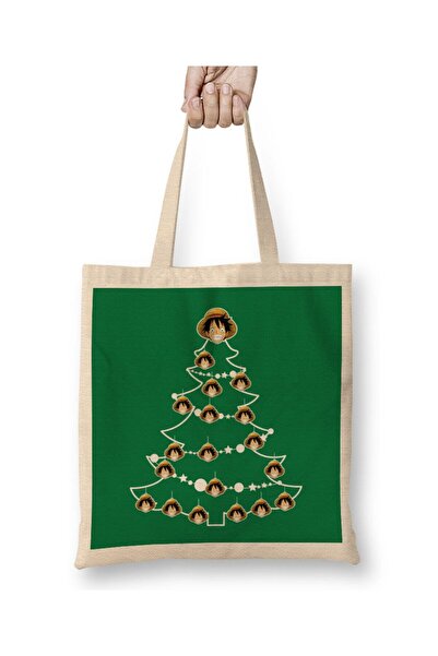 Toyaso One Piece Luffy Christmas Tree Baubles White Cloth Bag Long Handle Shopping Bag Beach Bag