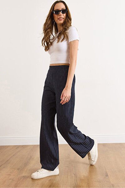 Olalook Women's Navy Blue Belted Pocketed Striped Wide Leg Pants Pnt-19000386