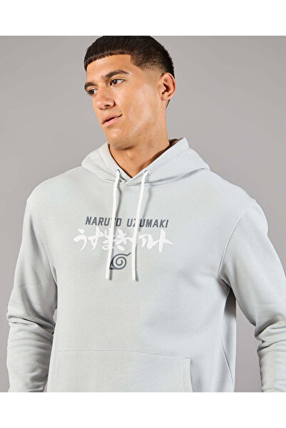 REDTAG Men Grey Naruto Print Hooded Sweatshirt