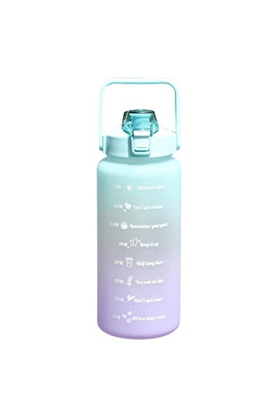 UBX 1500 ml water bottle with straw, 3D stickers, locking lid, time marker, durable handle, turquoise/purple