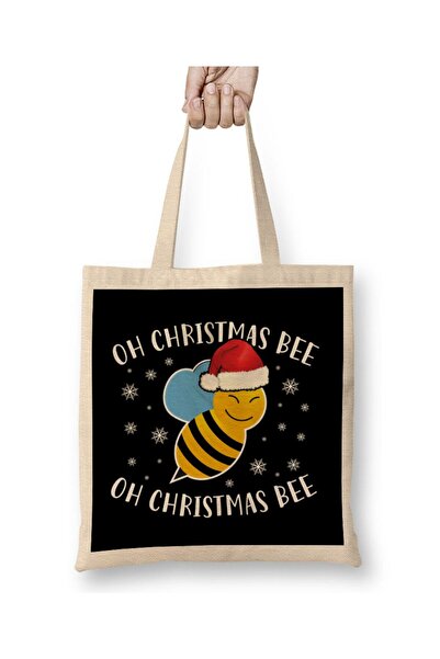 Toyaso Oh Christmas Bee Oh Christmas Bee White Tote Bag Long Handle Shopping Bag Beach Bag