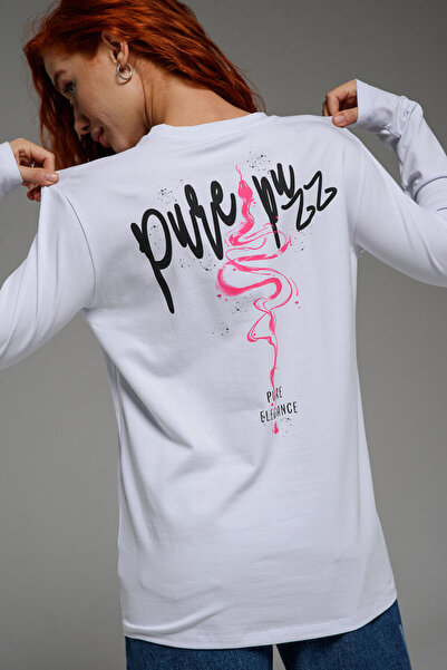 ELNOYA أبيض - مطبوع سويت شيرت مريح بأكمام طويلة من باسيك