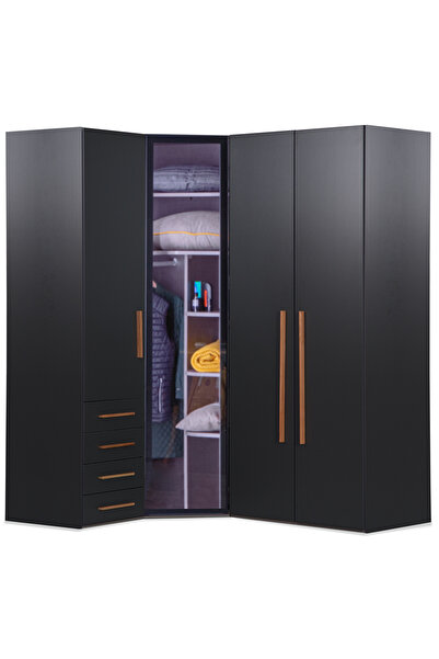 benim odam Loft 4 Kapılı Cam Kapaklı Çekmeceli Köşe Dolap Genç / Çocuk Odası 842