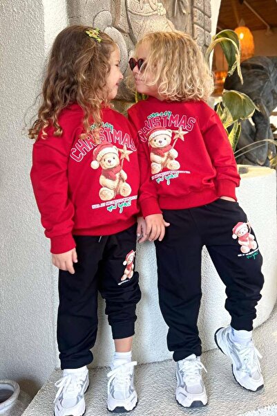 Riccotarz Printed Sweater Red Tracksuit Set with Teddy Bear and Merry Christmas Writing on It for Girls and Boys