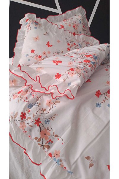 GÖRMEZ TEKSTİL Anceline - Double Size Ornate Stitched Ruffle Bedding Set Natural Cotton
