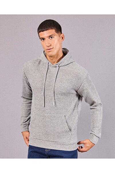 REDTAG Men Grey Hooded Sweatshirt