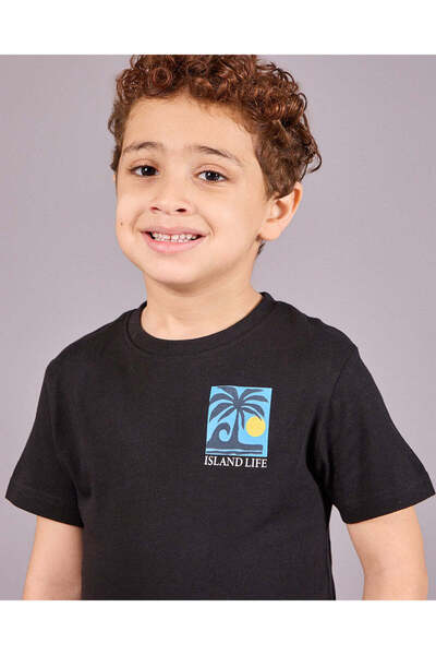 REDTAG Boys Junior Black Printed Short Sleeve T-Shirt