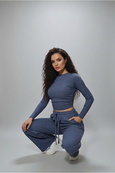 MODA Fitilli Crop Üst ve Yüksek Bel İpli Eşofman Altı (Jogger) İkili Kadın Takım