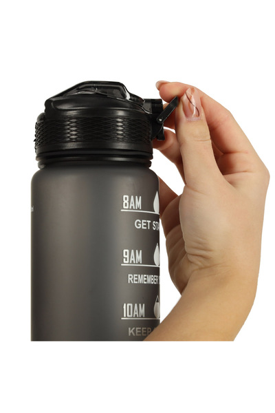 zola 1000 ml water bottle with straw, stickers, locking lid, time marker, durable handle, black