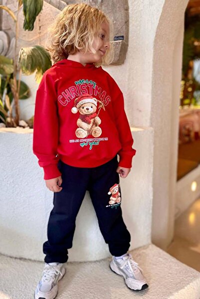 Riccotarz Printed Sweater Red Tracksuit Set with Teddy Bear and Merry Christmas Writing on It for Girls and Boys