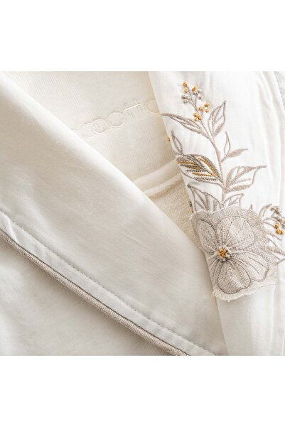 Ecocotton Vanya Women's Bathrobe 100% Organic Cotton Velvet Applique Embroidered Cream