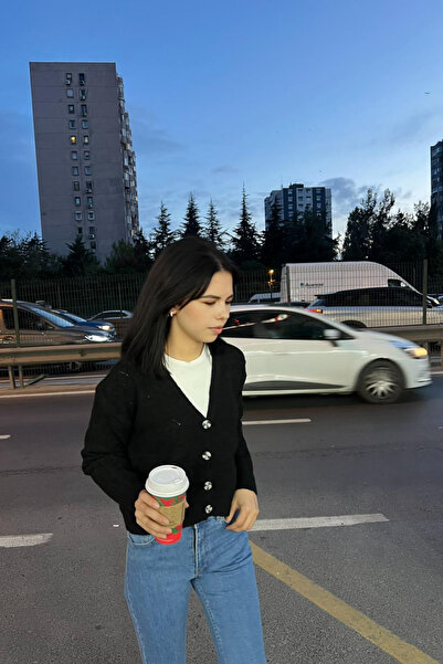 sunfyre Women's Black V-Neck Button Detailed Knitwear Cardigan