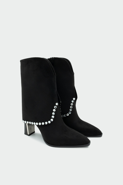 LAMİNTA Samira Μαύρες Γυναικείες Μπότες με Πέτρα με Λεπτομέρεια Τακούνι