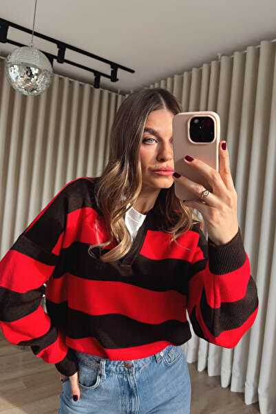 Sue Store Pulover cu decolteu în V cu dungi roșii maro supradimensionat