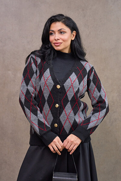 KÜÇÜĞÜM BUTİK Gray Baklava Patterned Knitwear Cardigan