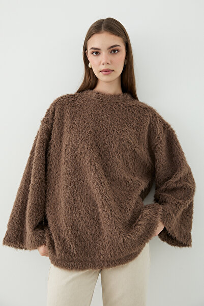 JASTE Kadın Kahverengi Oversize Peluş Kazak