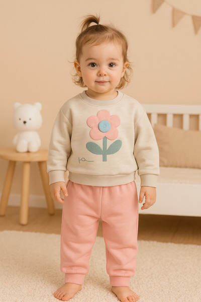 Uğur bebe Girl's Fleece-Lined Thick Floral Print Winter Tracksuit Set – Soft, Warm, and Seamless Comfort