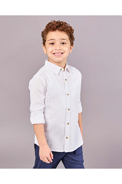 REDTAG Boys Cream Dobby Long Sleeve Stripe Shirt