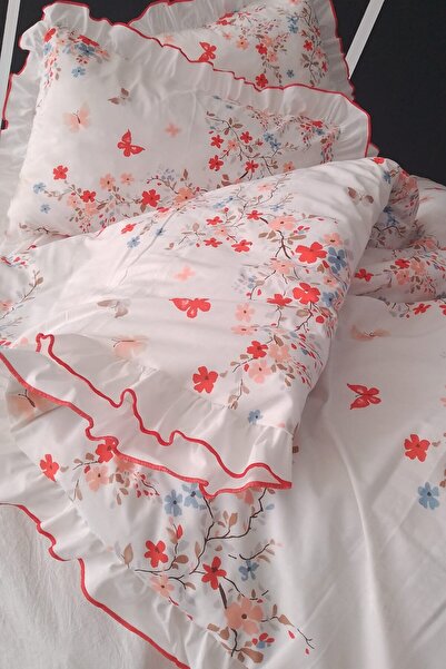 GÖRMEZ TEKSTİL Anceline - Double Size Ornate Stitched Ruffle Bedding Set Natural Cotton