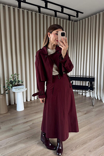 Sue Store Burgundy Belted Skirt Trench Coat Set