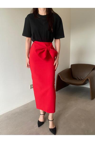 Bade Butik Fusta roșie cu fantă cu fundă de creion