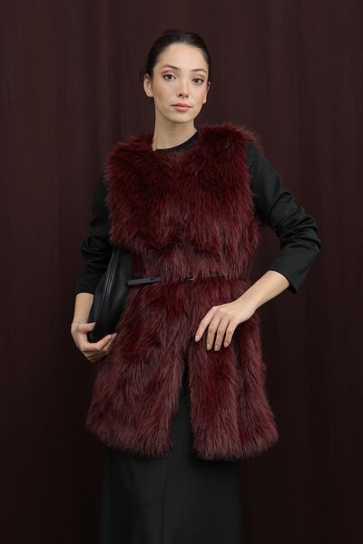 Puane Women's Belted Lolita Fur Vest - 15223Ylk - Damson