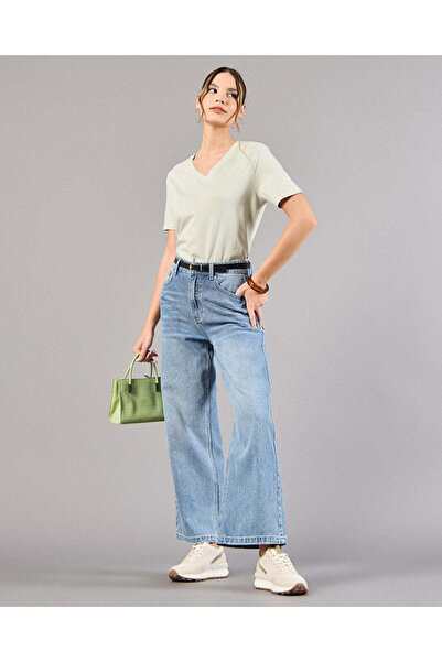 REDTAG Women Green Short Sleeve V-Neck T-Shirt