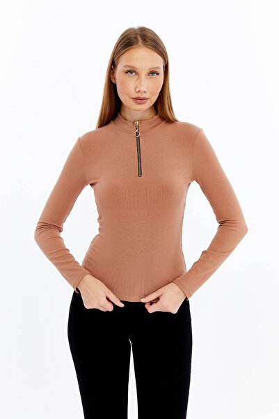 Maison La Femme Women's Long Sleeve Half Zipper Slim Fit Tshirt