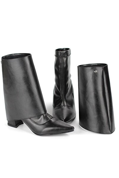 King Crow Orelix Black Flexible Soft Non-Slip Sole Thick Mid Heel (6 cm) Stretch Boots