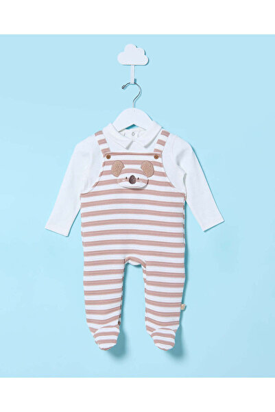 REDTAG Baby Beige And White Striped Velour Sleepsuit