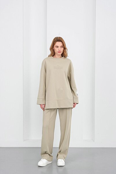 Basicpark Haki Women's Pique Textured Embroidery Detailed Y Slit O Oversized Wide Leg Top and Bottom Set