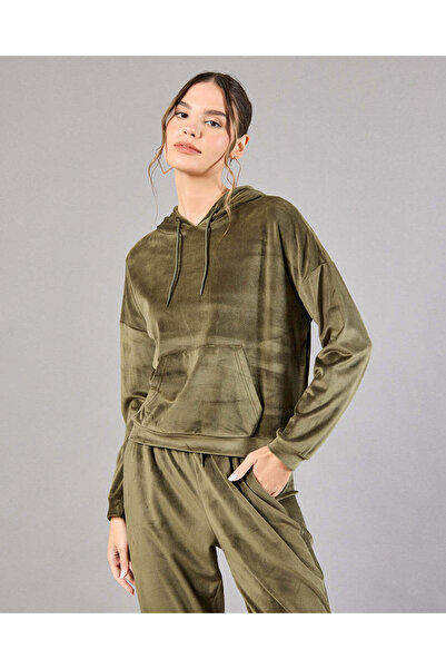 REDTAG Women Green Hooded Sweatshirt