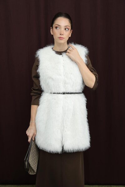 Puane Women's Belted Lolita Fur Vest - 15223Ylk - Ecru