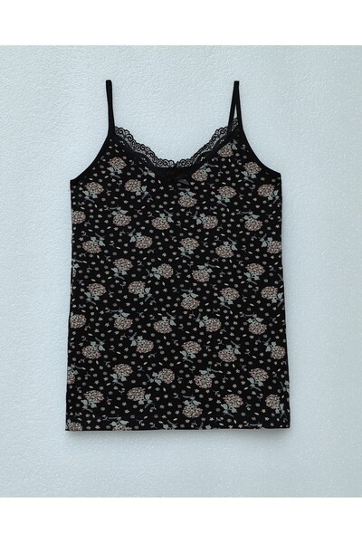 Modamorfo Lace Patterned Tank Top with Rope Straps - Black