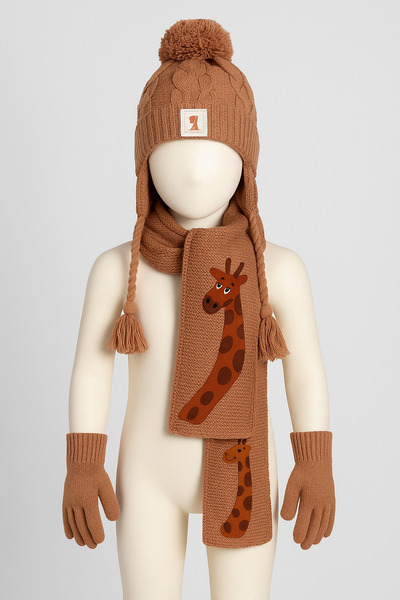 Skygo Kitti Bebe Men's Scarf Beanie Gloves Set (1-4 Years) K24160-09 Light Brown