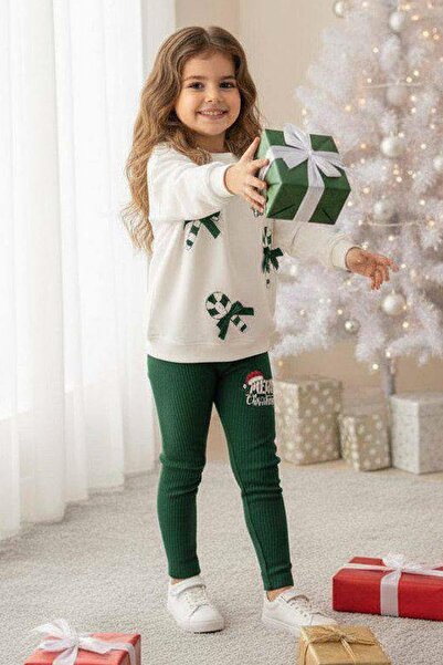 Riccotarz Candy Cane and Christmas Printed on the Girl 2 Drawstring Sweater Corded Fabric Green Tights Set