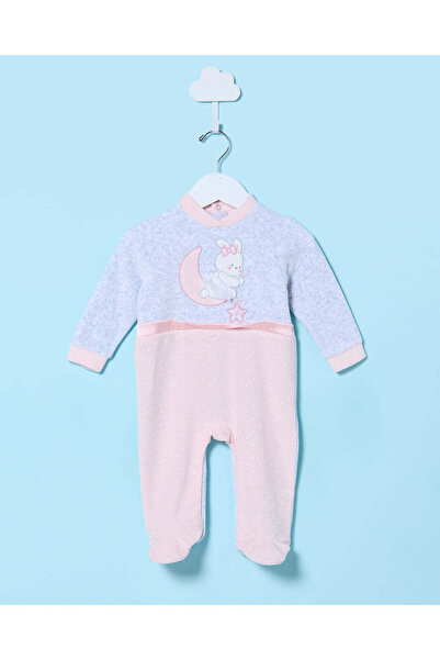 REDTAG Baby Pink And Grey Embroidered Velour Sleepsuit