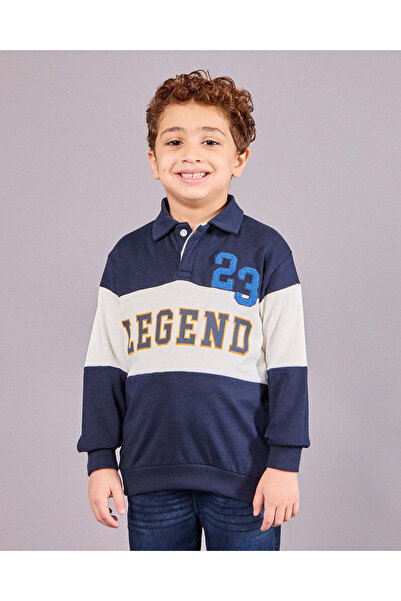 REDTAG Boys Navy Cut & Sew Long Sleeve Polo Shirt