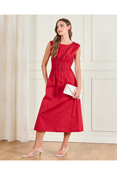 REDTAG فستان نسائي أحمر متوسط الطول