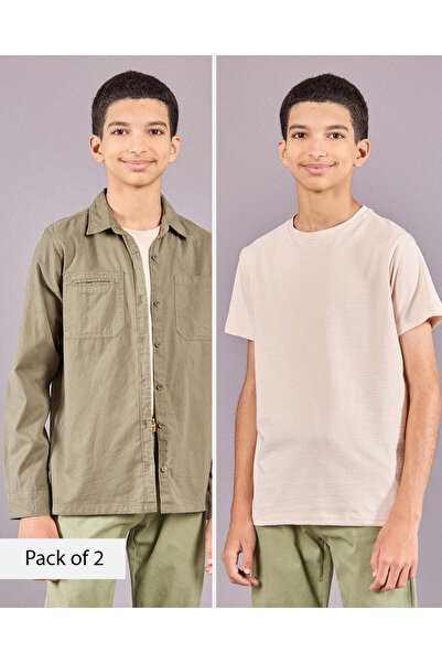 REDTAG قميص بيج وزيتوني للأولاد الكبار مع تي شيرت (قطعتان)