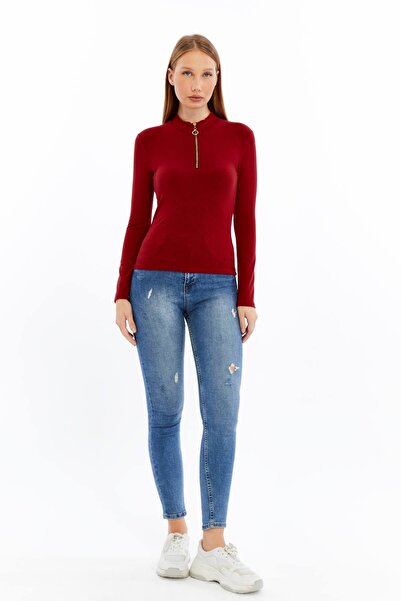 Maison La Femme Women's Long Sleeve Half Zipper Slim Fit Tshirt