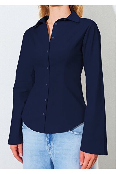 Manche Bel Oturtmalı İspanyol Kol Lİkralı Pamuk Gömlek - Lacivert | MKS161463-01