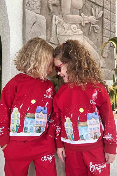 Riccotarz Girls Boys Children's Christmas Red Tracksuit Set with Snowflake and Building Digital Printed Text Detail
