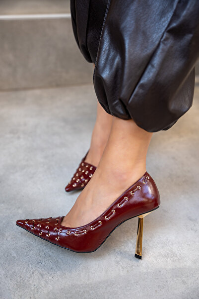 LAMİNTA Elvis Burgundy Leather Women's Studded Detailed Heeled Shoes