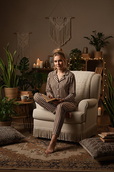 rindahomewear Women's Black Striped Patterned Milan Knitted Lisbon Buttoned Pajama Set