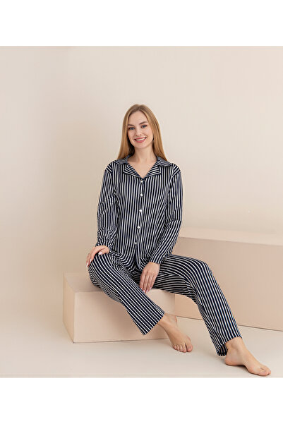 rindahomewear Women's Navy Blue and White Striped Patterned Milan Knitted Lisbon Buttoned Pajama Set
