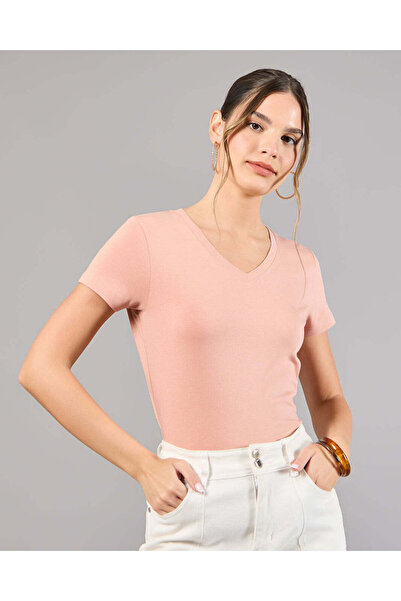 REDTAG Women Pink V-Neck Basic T-Shirt