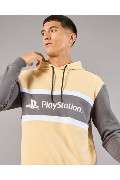 REDTAG Men Beige Play Station Hooded Sweatshirt